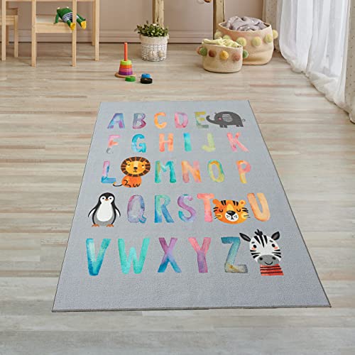 Teppich-Traum Spiel-Kinderteppich Buchstaben Alphabet in bunten Farben auf Hintergrund in grau, 80x150 cm von Teppich-Traum