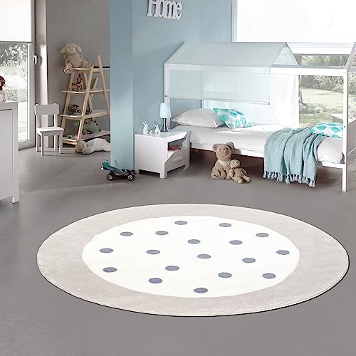 Teppich-Traum Spielteppich Hochflor Spielteppich rund Punkte und Umrandung weich Creme, grau 120 cm Rund von Teppich-Traum