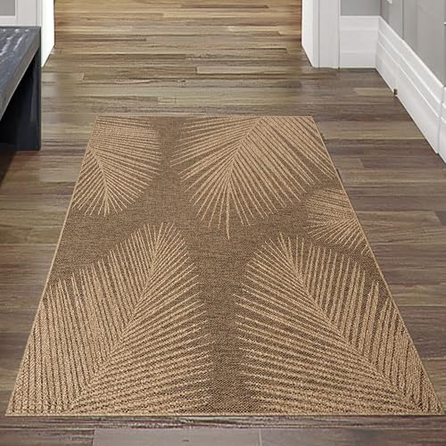 Teppich-Traum Teppich Flur Indoor- Outdoorteppich wetterfest in dezentem Blättermuster in Beige Braun 80 x 150 cm von Teppich-Traum