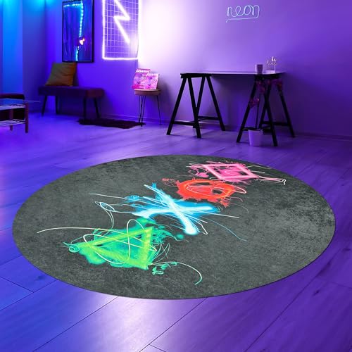 Teppich-Traum Teppich Gamingzimmer pflegeleicht robust leuchtende Symbole mit Neonfaben in bunt, 160 cm Rund von Teppich-Traum