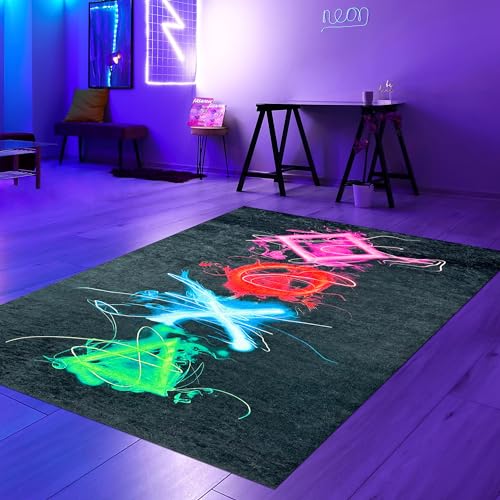 Teppich-Traum Teppich Gamingzimmer pflegeleicht robust leuchtende Symbole mit Neonfaben in bunt, 80 x 150 cm von Teppich-Traum