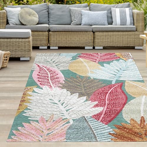 Teppich-Traum In-und Outdoor Teppich Balkon Terrasse wetterbeständig pflegeleicht Blumen Blätter Muster modern türkis bunt 200 x 290 cm von Teppich-Traum