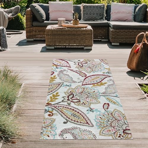 Teppich-Traum In-und Outdoor Teppich Küche Balkon Terrasse wetterbeständig pflegeleicht florales Muster modern Creme bunt grau 80 x 150 cm von Teppich-Traum