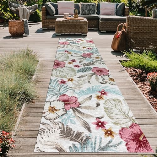 Teppich-Traum In-und Outdoor Teppich Flur Wohnzimmer Balkon wetterfest Vintage pflegeleicht floral Outdoor geeignet türkis bunt 80 x 300 cm von Teppich-Traum