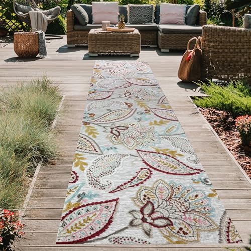 Teppich-Traum Teppich für Flur Wohnzimmer Balkon wetterbeständig pflegeleicht Outdoor geeignet Blumenmuster Creme bunt grau 80 x 300 cm von Teppich-Traum