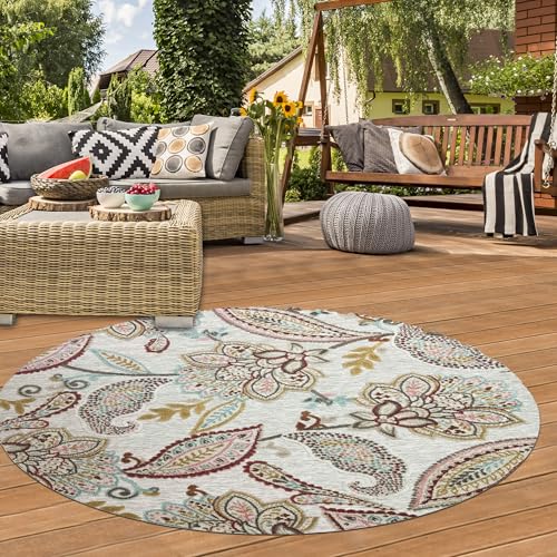 Teppich-Traum Teppich In- und Outdoorteppich Terrasse Balkon Garten Blumenmuster in rechteckiger Form Jute-Look bunt 120 x 120 cm von Teppich-Traum