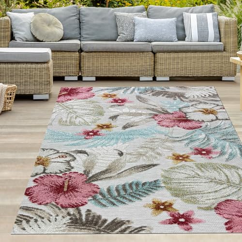 Teppich-Traum In-und Outdoor Teppich Balkon Terrasse wetterbeständig pflegeleicht Blumen Blätter Muster modern türkis bunt 200 x 290 cm von Teppich-Traum