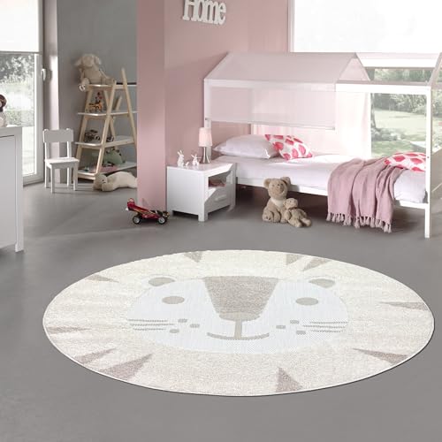 Teppich-Traum Teppich Kinderteppich Hoch-Tief-Effekt leicht zu pflegen Hautsympathisch Katze Creme braun, 120 cm Rund von Teppich-Traum