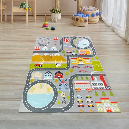 Teppich-Traum Teppich Kinderteppich Stadt-Spielwelt Straßen Häuser Parkplätze rutschfest waschbar flach strapazierfähig schadstofffrei pflegeleicht langlebig Lernteppich Grau 100 x 200 cm von Teppich-Traum