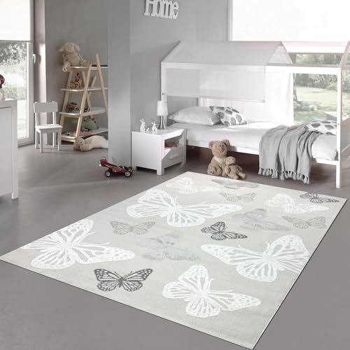 Teppich-Traum Teppich Kinderteppich flauschig Höheneffekt hell dunkel Schmetterlinge Creme weiß, 120 x 170 cm von Teppich-Traum