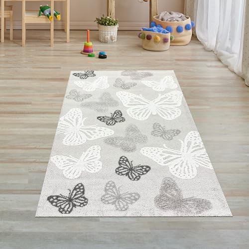 Teppich-Traum Teppich Kinderteppich flauschig Höheneffekt hell dunkel Schmetterlinge Creme weiß, 80 x 150 cm von Teppich-Traum
