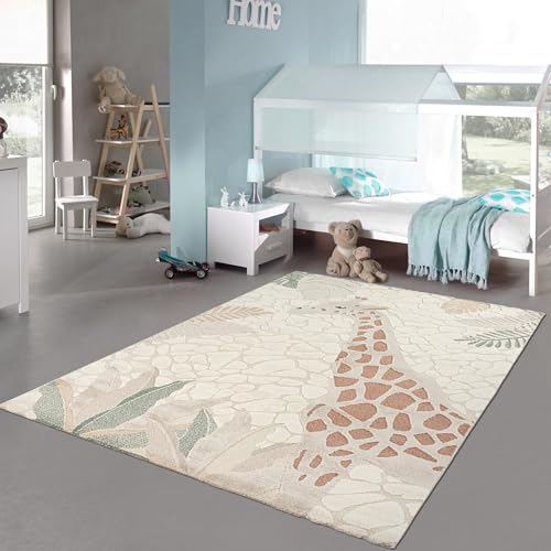 Teppich-Traum Teppich Kinderteppich weich pflegeleicht strapazierfähig niedliche Giraffe mit Blättern Creme grün, 200 x 290 cm von Teppich-Traum
