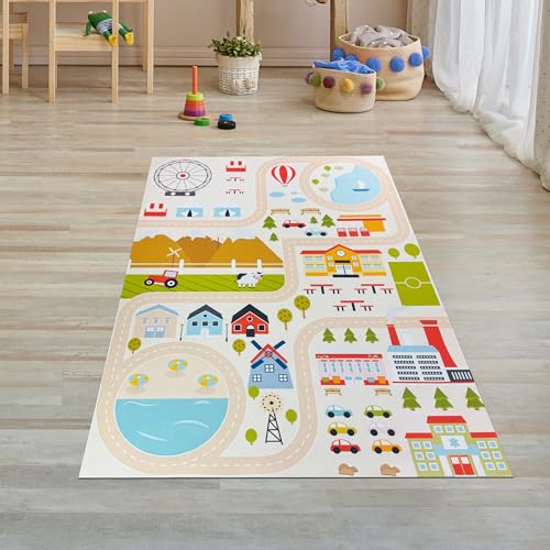 Teppich-Traum Teppich Kinderzimmer Kinderteppich Stadt-Motiv rutschfest flachgewebe saugroboterfreundlich waschbar strapazierfähig schadstofffrei pflegeleicht langlebig farbenfroh Beige 80 x 150 cm von Teppich-Traum