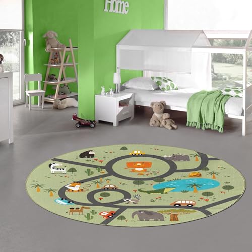 Teppich-Traum Teppich Kinderzimmer Kinderteppich rutschfest waschbar Spielteppich Safari Straße Autos Tiere grün Rund 160 cm Durchmesser Teppich-Traum Teppich Kinderzimmer Kinderteppich rutschfest waschbar Spielteppich Safari Straße Autos Tiere grün Rund 160 cm Durchmesser von Teppich-Traum