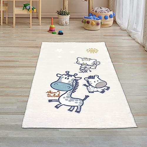 Teppich-Traum Teppich Kinderzimmer Läufer Hochflor flauschig weich kuschelig Tiere Giraffe Zebra Tiger Creme 80 x 150 cm von Teppich-Traum