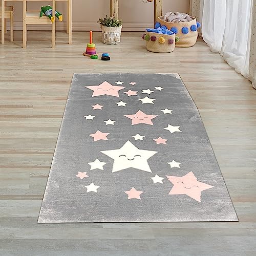 Teppich-Traum Teppich-Läufer Kinderzimmer weich rosa weiß Sternen in anthrazit 80x150 cm von Teppich-Traum