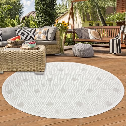 Teppich-Traum Teppich Outdoor Wintergarten Garten Balkon Terrasse witterungsbeständig UV-Beständig robust mit speziellem Rautemuster in Creme, 200 cm Rund von Teppich-Traum