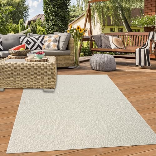 Teppich-Traum Teppich Outdoorteppich Balkon Terrasse Wintergarten wetterfest Indoor Jute Look Linienmuster in Kreisform Creme, 120 x 170 cm von Teppich-Traum