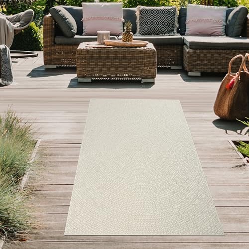 Teppich-Traum Teppich Outdoorteppich Läufer klein Kleiner Balkon Terrasse Wintergarten wetterfest Indoor Jute Look Linienmuster in Kreisform Creme, 60 x 180 cm von Teppich-Traum