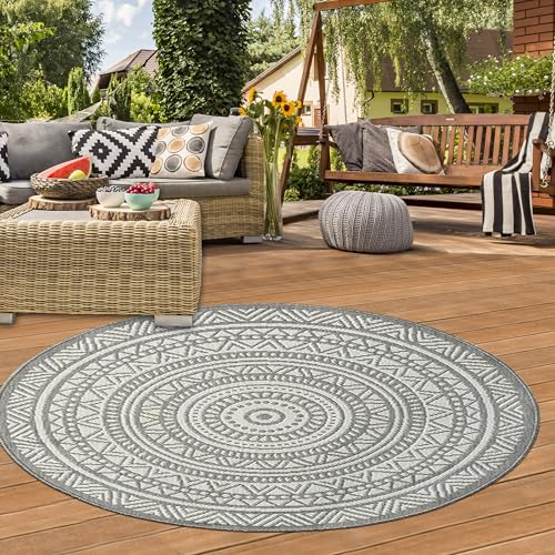Teppich-Traum Teppich Outdoorteppich Wintergarten Terrassenteppich Aussenbereich Terrasse Balkon Aussenteppich mit Zeitloser Mandalaoptik in Grau, 120 cm Rund von Teppich-Traum