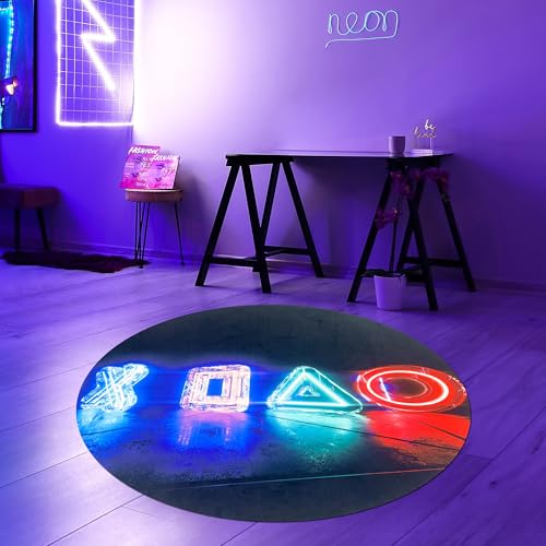 Teppich-Traum Teppich Rund Gaming-Bereich rutschfest Neon-Design pflegeleicht flach saugrobotergeeignet Jugendzimmer Gamer-Setup langlebig modernes Dekor in Schwarz & Neonfarben 80 cm von Teppich-Traum