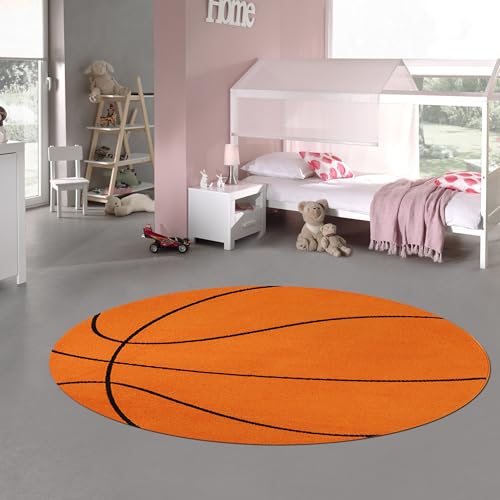 Teppich-Traum Teppich Spieleteppich Kinderzimmerteppich Jugendzimmer sportlich weich in Cooler Basketballoptik für Jungen und Mädchen 120 cm Rund von Teppich-Traum