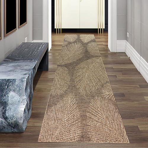 Teppich-Traum Teppich Teppichläufer Flur Indoor- Outdoorteppich wetterfest in dezentem Blättermuster in Beige Braun 80 x 250 cm von Teppich-Traum