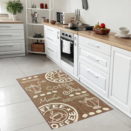 Teppich-Traum Teppich Wohnzimmer Esszimmer Balkon Wintergarten Küche Küchenteppich strapazierfähig langlebig Saugrobotergeeignet mit modernem Coffee-Muster in Braun Beige, 240 x 340 cm von Teppich-Traum