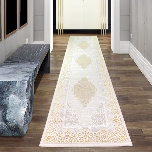 Teppich-Traum Teppich Wohnzimmer Kurzflor Flur Garderobe Korridor Läufer 80x300 cm lang Orient elegant Ornamente Glanzeffekt Mäander Creme Gold von Teppich-Traum