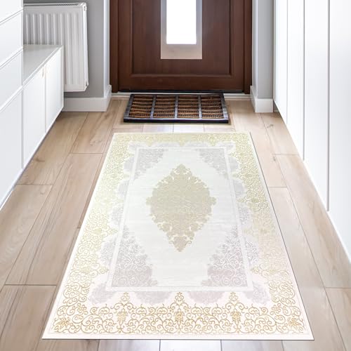 Teppich-Traum Teppich Wohnzimmer Kurzflor Flur Garderobe Läufer 60x110 cm kurz Orient elegant Ornamente Glanzeffekt Mäander Creme Gold von Teppich-Traum