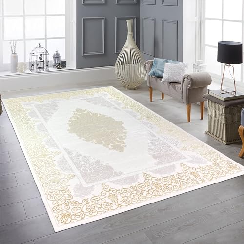 Teppich-Traum Teppich Wohnzimmer Schlafzimmer 240x340 cm groß XXL Kurzflor Orient elegant edel Ornamente Glanzeffekt Mäander Creme Gold von Teppich-Traum