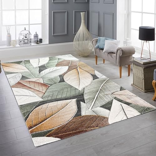 Teppich-Traum Teppich Wohnzimmer Schlafzimmer Blattmuster mit Konturenschnitt pflegeleicht robust weich grün-beige-braun 120 x 170 cm von Teppich-Traum