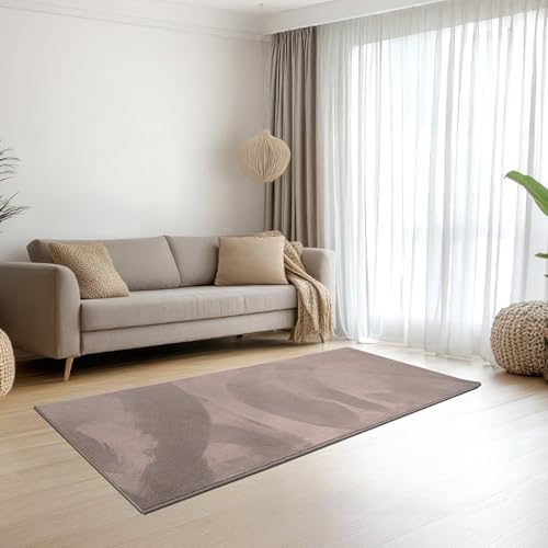 Teppich-Traum Teppich Wohnzimmer Schlafzimmer Flur Kurzflorteppich Hasenfell Kunstfell Optik seidig weich samtig schimmernd pflegeleicht einfarbig Taupe 60 x 110 cm von Teppich-Traum