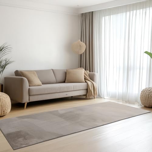 Teppich-Traum Teppich Wohnzimmer Schlafzimmer Flur Läufer Kurzflorteppich Hasenfell Kunstfell Optik seidig weich samtig schimmernd pflegeleicht hochwertig einfarbig beige 80 x 300 cm von Teppich-Traum