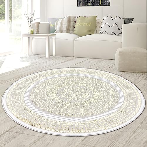 Teppich-Traum Teppich Wohnzimmer Schlafzimmer Kurzflor orientalisch elegant edel Ornamente Glanzeffekt Mäander Creme Gold 160 cm rund von Teppich-Traum