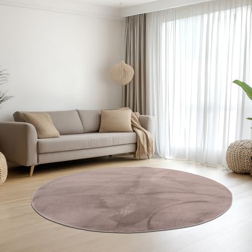 Teppich-Traum Teppich Wohnzimmer Schlafzimmer Kurzflorteppich Hasenfell Kunstfell Optik seidig weich samtig schimmernd pflegeleicht einfarbig Taupe 160 cm rund von Teppich-Traum