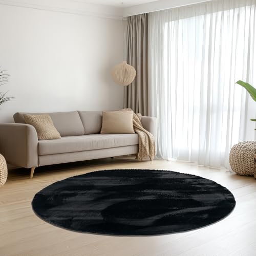 Teppich-Traum Teppich Wohnzimmer Schlafzimmer Kurzflorteppich Hasenfell Kunstfell Optik seidig weich samtig schimmernd pflegeleicht einfarbig schwarz 200 cm rund von Teppich-Traum