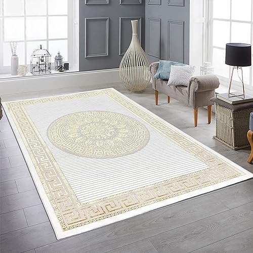 Teppich-Traum Teppich Wohnzimmer Schlafzimmer groß XXL Kurzflor orientalisch elegant edel Ornamente Glanzeffekt Mäander Creme Gold 240 x 340 cm von Teppich-Traum