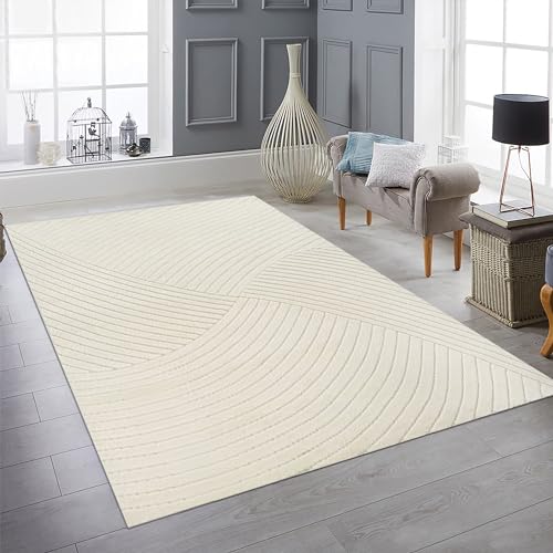 Teppich-Traum Teppich Wohnzimmer Schlafzimmerteppich Gästezimmer niedrig strapazierfähig Naturfarben mit Linienmuster in Creme, 120 x 160 cm von Teppich-Traum