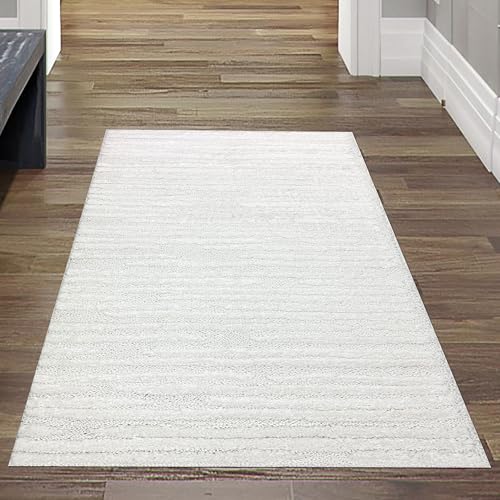 Teppich-Traum Teppich Wohnzimmer Teppichläufer Flur Gang Garderobe hell langlebig schön weich Staubsaugerroboter geeignet gestreift Creme, 80 x 150 cm von Teppich-Traum