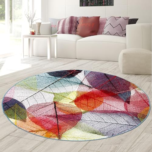 Teppich-Traum Teppich Wohnzimmer Wohnbereich Tischunterlage Essbereich pflegeleicht strapazierfähig Mehrfarbig farbecht mit Laubmuster in Bunt, 200 cm Rund von Teppich-Traum