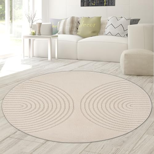Teppich-Traum Teppich Wohnzimmerteppich Arbeitszimmerteppich Schlafzimmer Esszimmer Hoch-Tief-Effekt moderner eleganter mit Bogenmuster in Beige, 120 cm Rund von Teppich-Traum