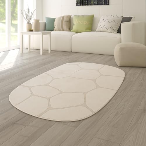 Teppich-Traum Teppich Wohnzimmerteppich Schlafbereich Essbereich Arbeitsbereich leichte Pflege modern flauschig Höheneffekt abstraktes Muster in Beige, 160 x 230 cm Oval von Teppich-Traum