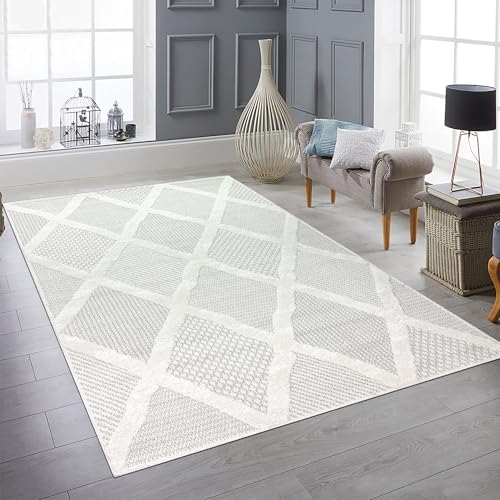 Teppich-Traum Teppich Wohnzimmerteppich Schlafzimmerteppich strapazierfähig moderner stylisch mit verschieden gemusterten Rauten in Creme grau, 120 x 170 cm von Teppich-Traum