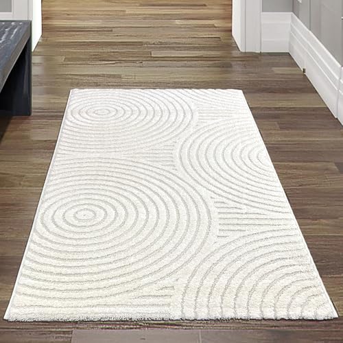 Teppich-Traum Teppich Wohnzimmerteppich Teppichläufer Dachboden Gang Saugroboter geeignet Designer kuschelig Hoch-Tief-Effekt Kreisemuster in Creme, 80 x 150 cm von Teppich-Traum