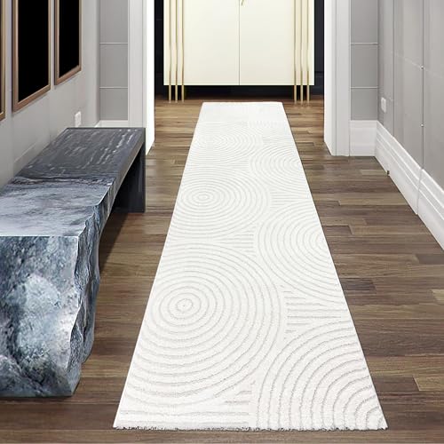 Teppich-Traum Teppich Wohnzimmerteppich Teppichläufer Dachboden Gang Saugroboter geeignet Designer kuschelig Hoch-Tief-Effekt Kreisemuster in Creme, 80 x 300 cm von Teppich-Traum