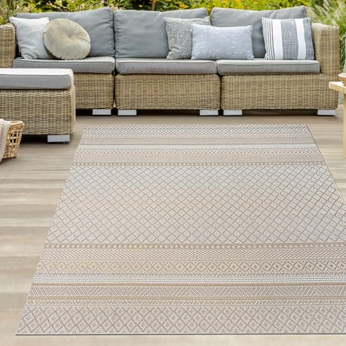 Teppich-Traum Teppich für Esszimmer Arbeitszimmer Diele Balkon Garten In- & Outdoorteppich im Ethno-Look mit grafischem Design robust wetterfest pflegeleicht Beige-Gelb 200 x 280 cm von Teppich-Traum