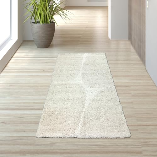 Teppich-Traum Teppich für Wohnzimmer Wohnbereich Schlafzimmer Hochflor flauschig weich stilvoll gemütlich pflegeleicht strapazierfähig langlebig hochwertig rutschhemmend Creme 80 x 150 cm von Teppich-Traum