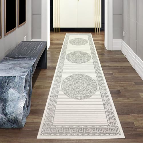 Teppich-Traum Teppich modern Orient Wohnzimmer Kurzflor Flur Diele Korridor Läufer lang orientalisch elegant glänzend Creme grau 80x300 cm von Teppich-Traum