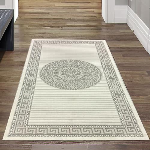 Teppich-Traum Teppich modern Orient Wohnzimmer Kurzflor Flur Diele Läufer kurz orientalisch elegant glänzend Creme grau 60x110 cm von Teppich-Traum